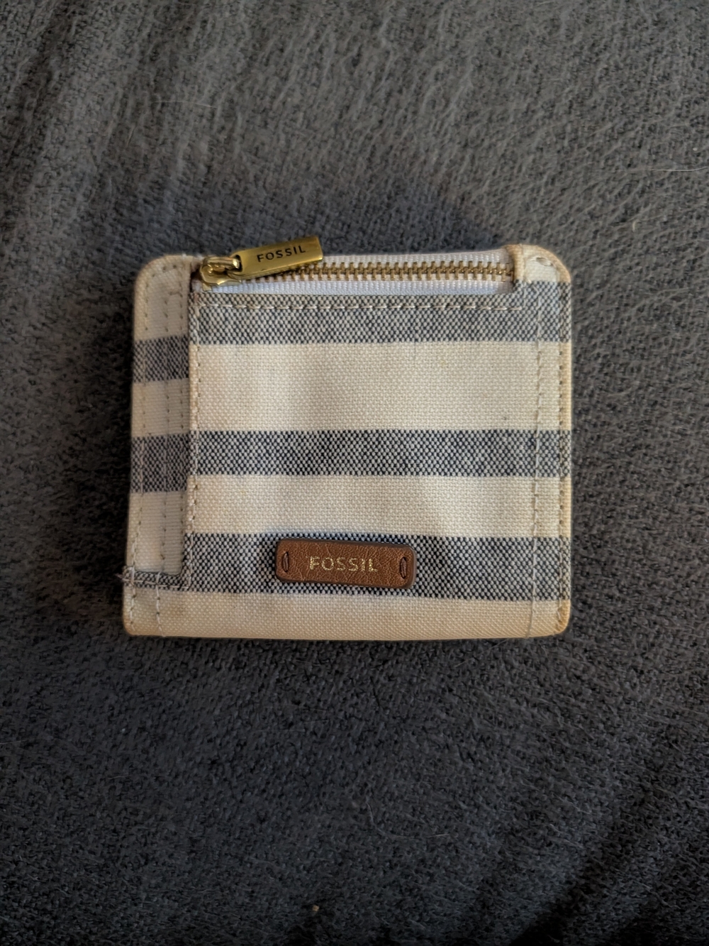 Fossil Cream and Gray Striped Canvas Card Holder with Zip Pocket